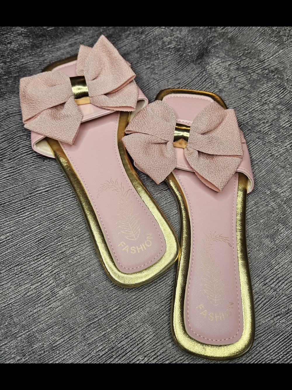Pink Bow Slide Sandals with Gold Trim